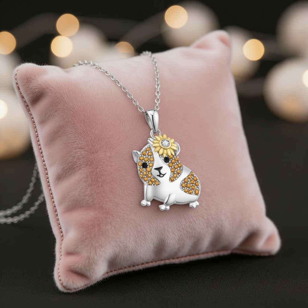 🌼Meerschweinchen-Halskette mit Blume – feine, leichte Kette (Silberfarben)