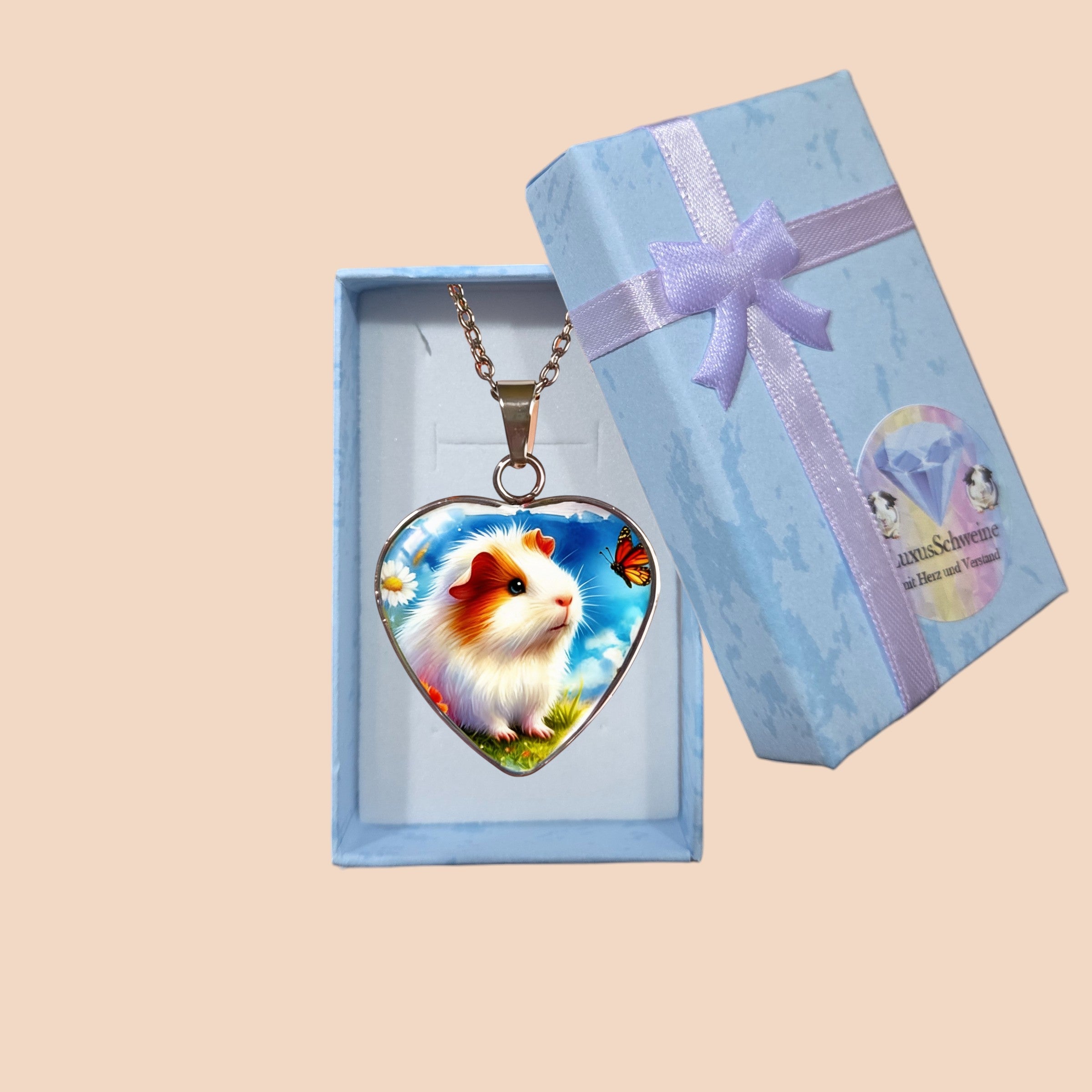 🐹💙 Herz-Meerschweinchen Halskette – Farbiger Anhänger mit Naturmotiv