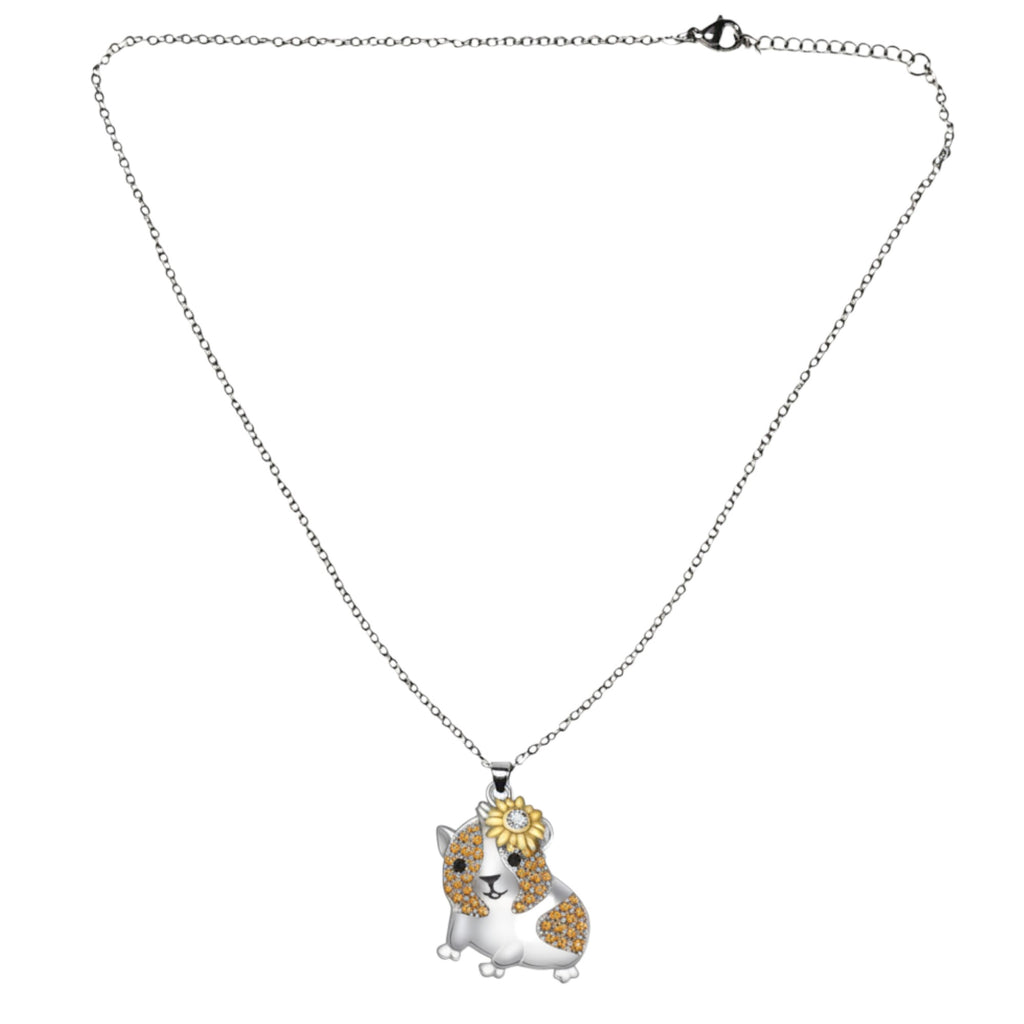 🌼Meerschweinchen-Halskette mit Blume – feine, leichte Kette (Silberfarben)