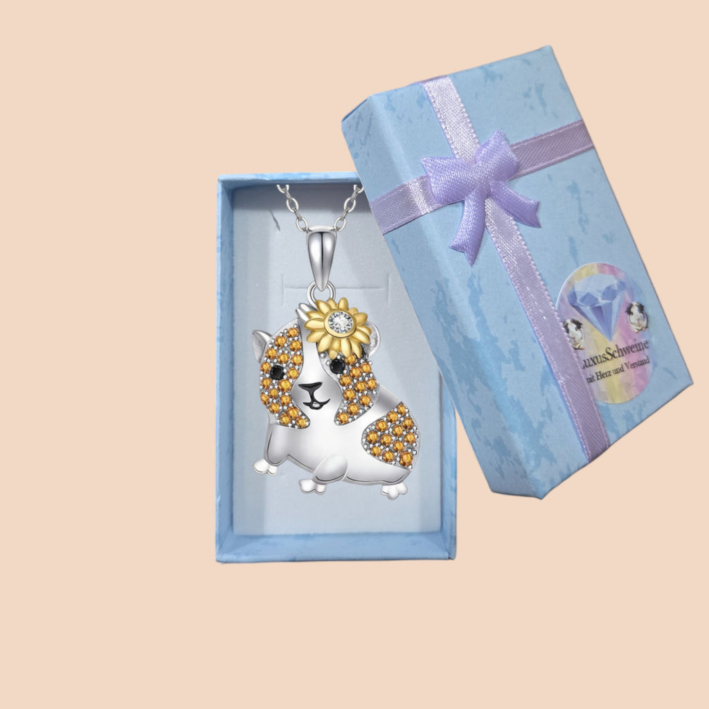 🌼Meerschweinchen-Halskette mit Blume – feine, leichte Kette (Silberfarben)