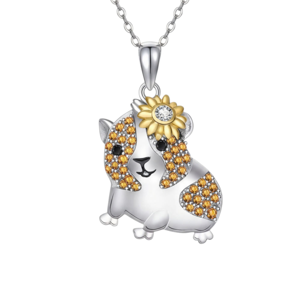 🌼Meerschweinchen-Halskette mit Blume – feine, leichte Kette (Silberfarben)