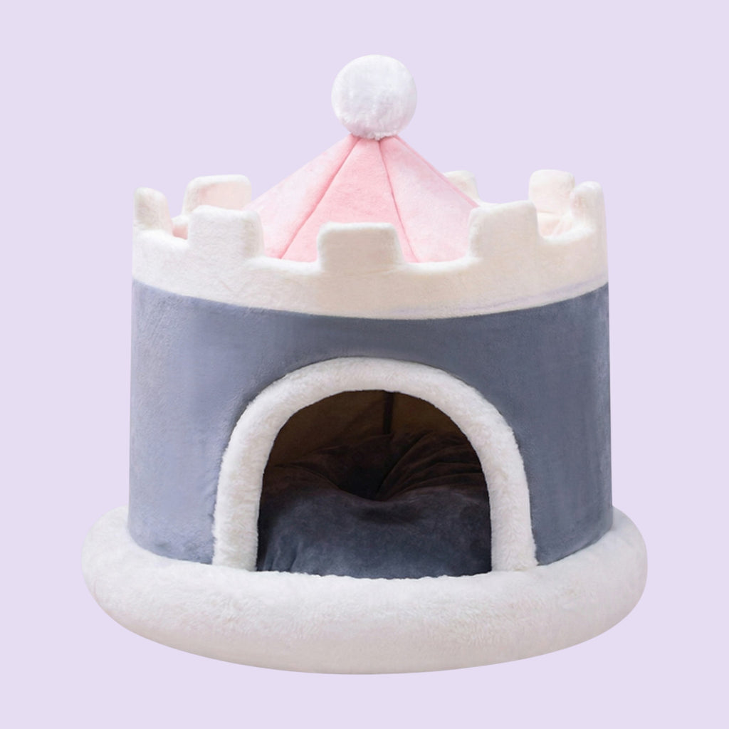 🏰 Schloss Grau/Rosa – Kuscheliges Stoff-Schloss für deine Meerschweinchen