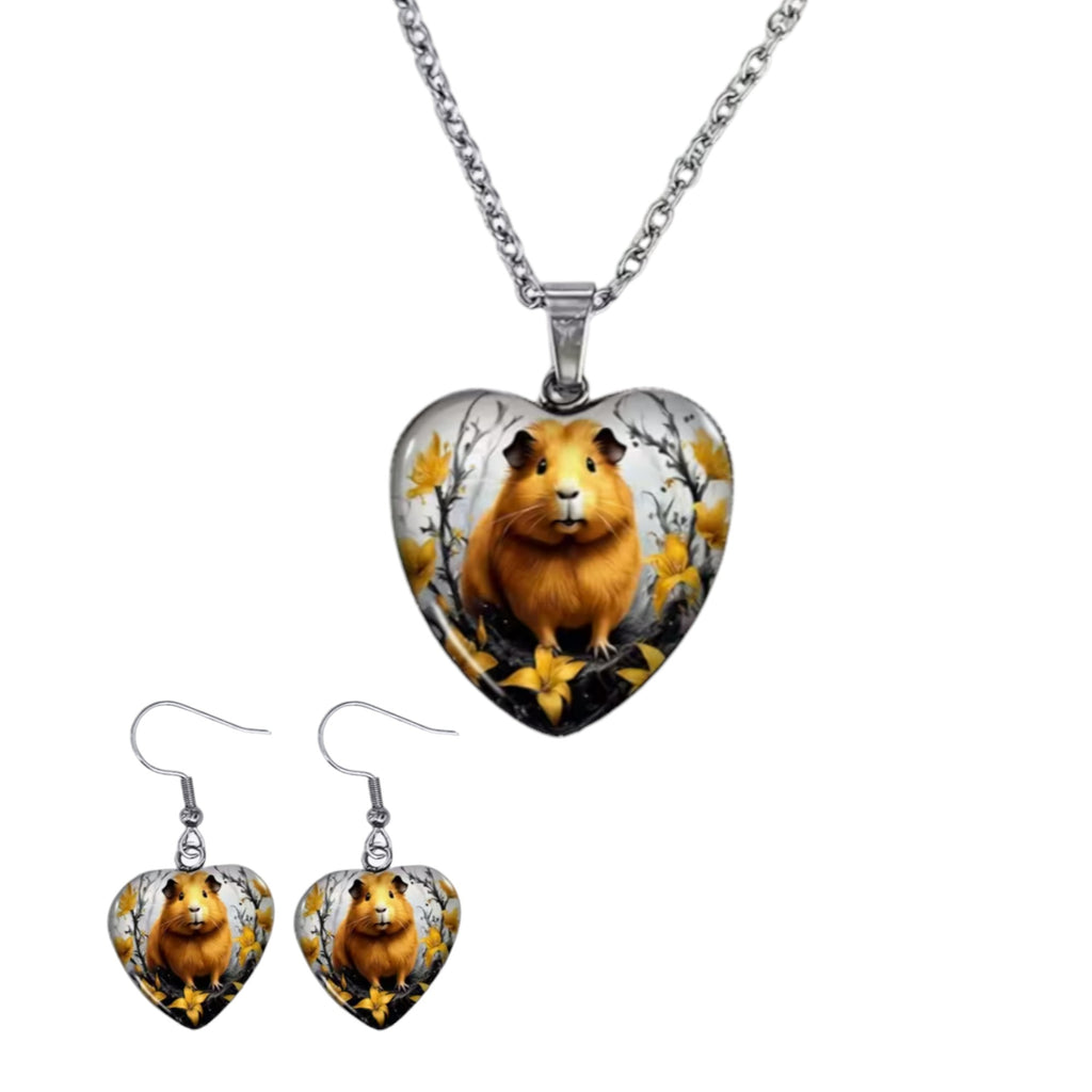 🐹💛 Meerschweinchen Schmuckset – Herz-Halskette & Ohrringe im harmonischen Design