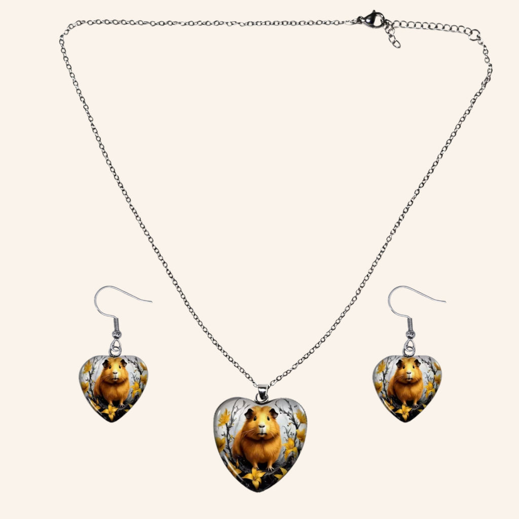 🐹💛 Meerschweinchen Schmuckset – Herz-Halskette & Ohrringe im harmonischen Design