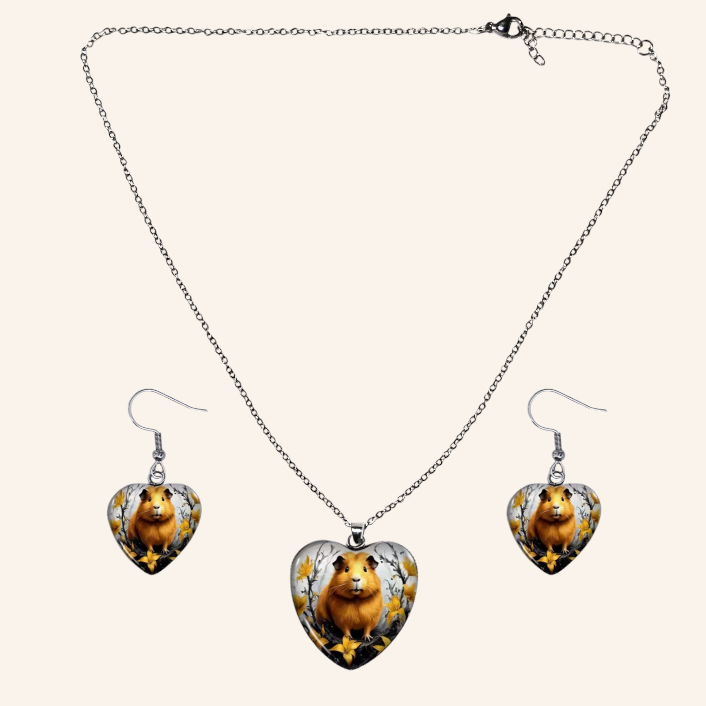 🐹💛 Meerschweinchen Schmuckset – Herz-Halskette & Ohrringe im harmonischen Design