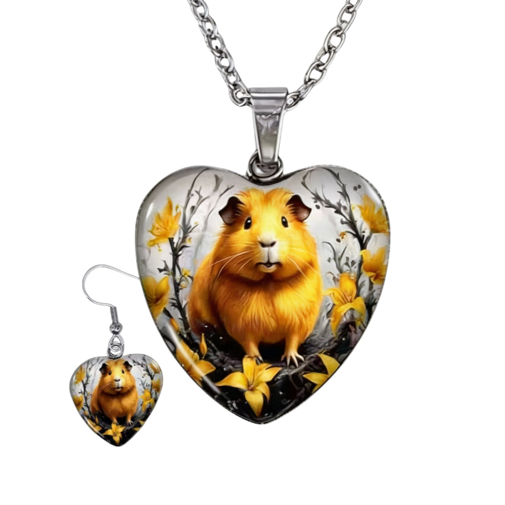🐹💛 Meerschweinchen Schmuckset – Herz-Halskette & Ohrringe im harmonischen Design