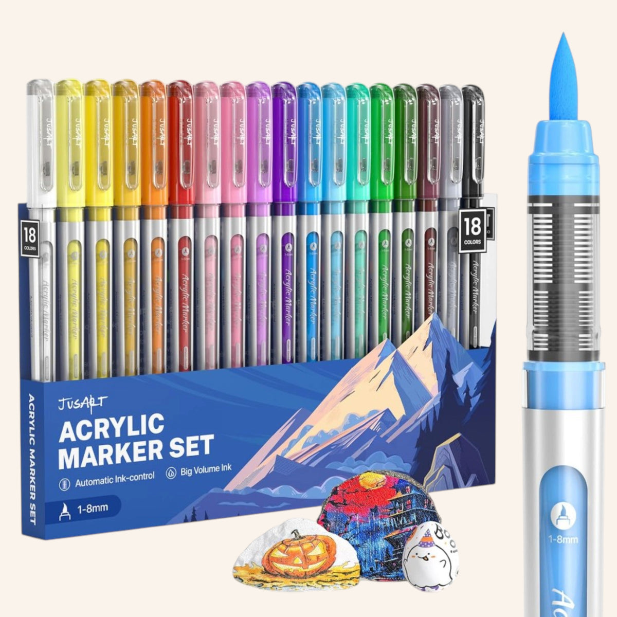 🎨JusArt Acrylmarker – 18 Farben mit flexibler Pinselspitze (1–8 mm)