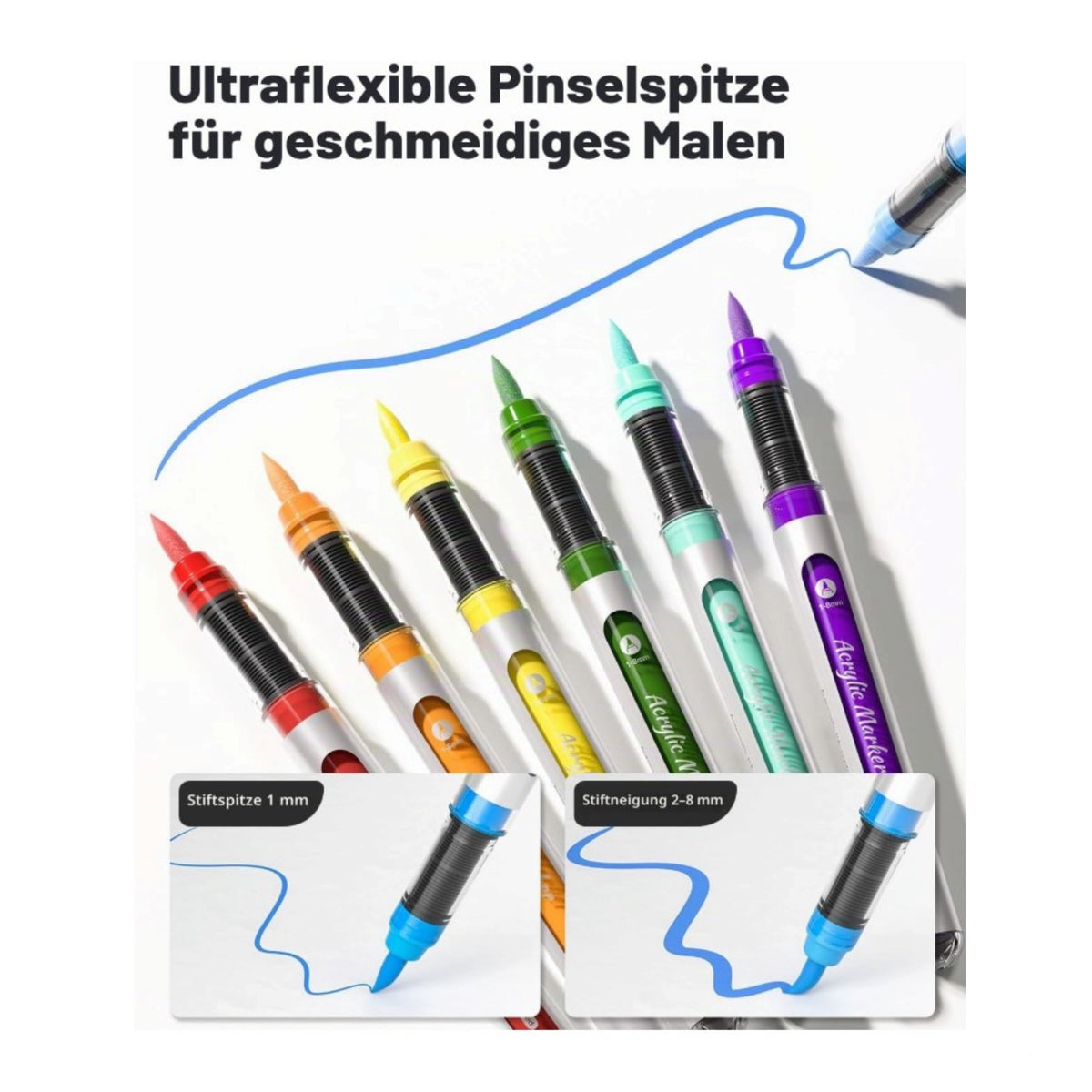 🎨JusArt Acrylmarker – 18 Farben mit flexibler Pinselspitze (1–8 mm)