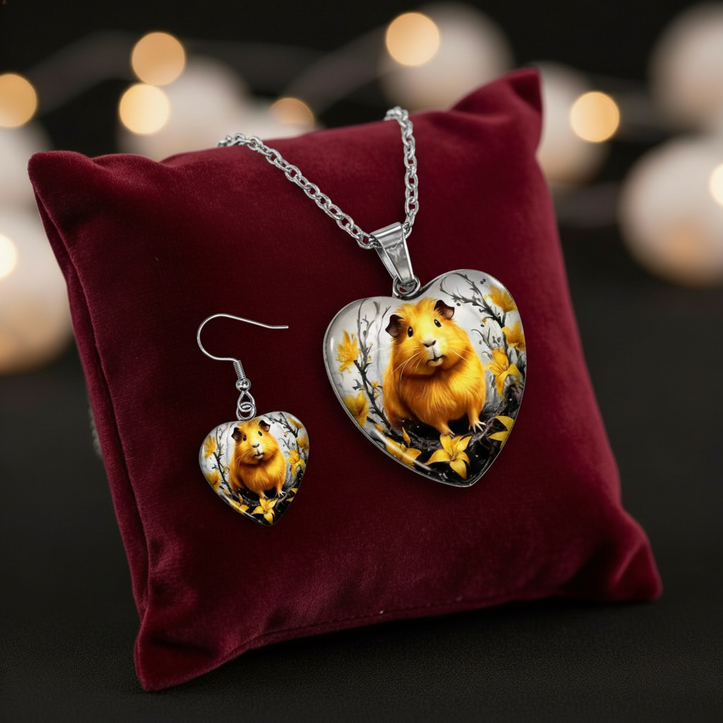 🐹💛 Meerschweinchen Schmuckset – Herz-Halskette & Ohrringe im harmonischen Design