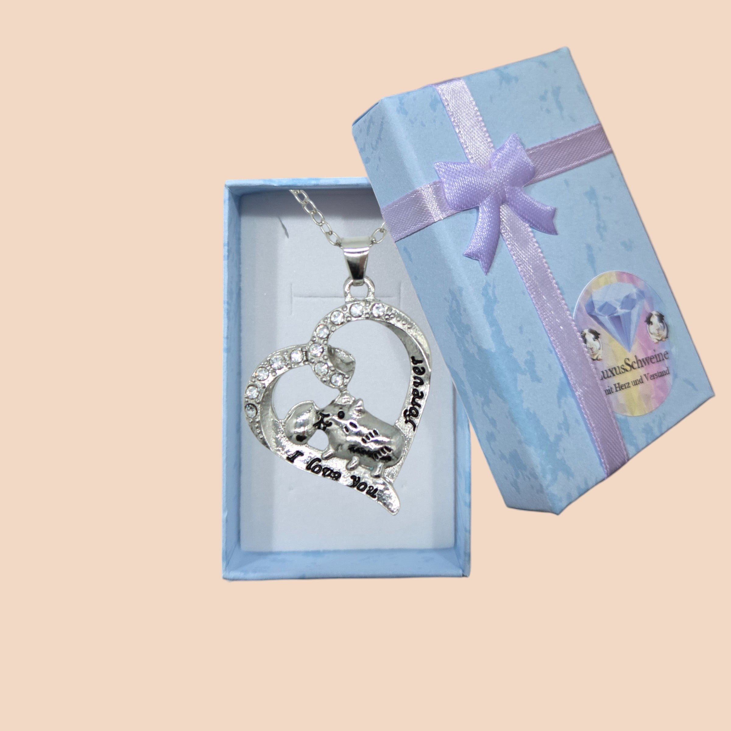 💖 Herz-Meerschweinchen Halskette „I love you forever“ – Silberfarben