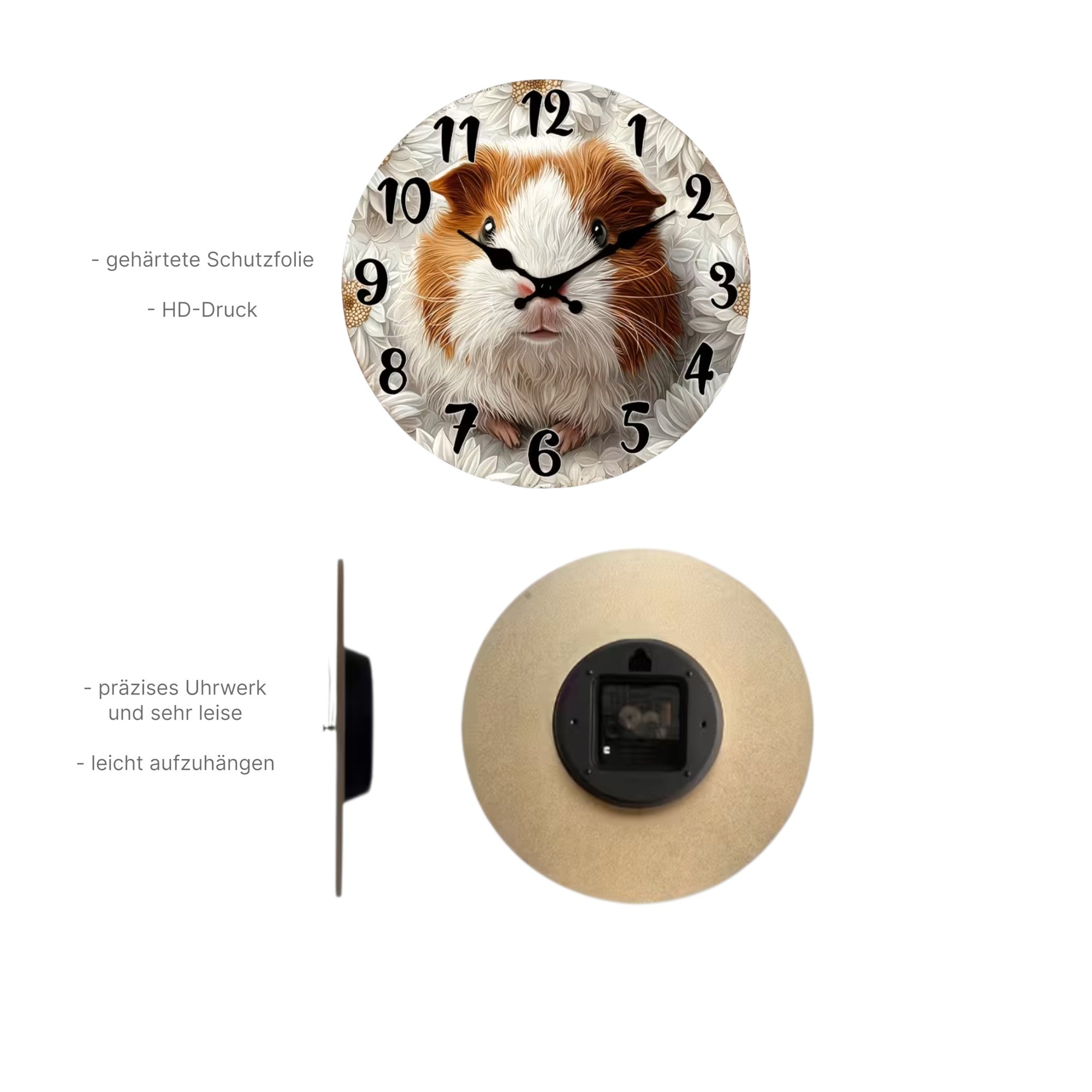 🕰️ Wanduhr „Blütenzeit-Meeri“ – Zeitloser Charme mit Meerschweinchen & Blüten