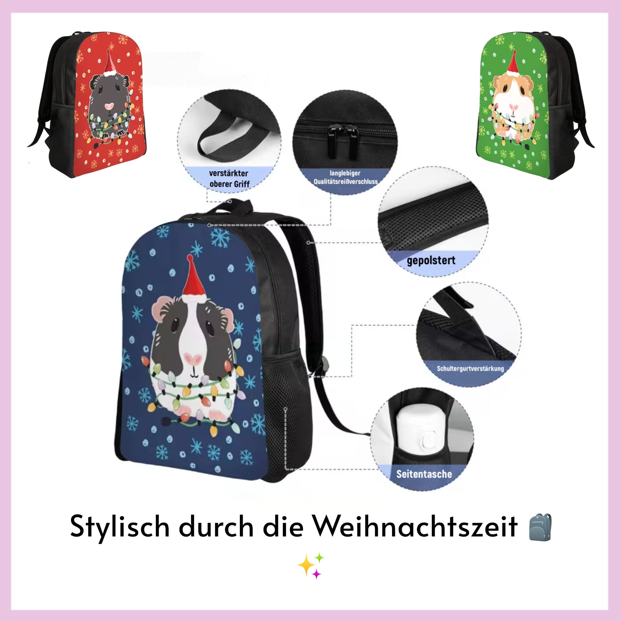 🎒 Xmas Rucksack – „Meeritraum“ – Weihnachtlicher Rucksack mit Meerschweinchen-Motiv