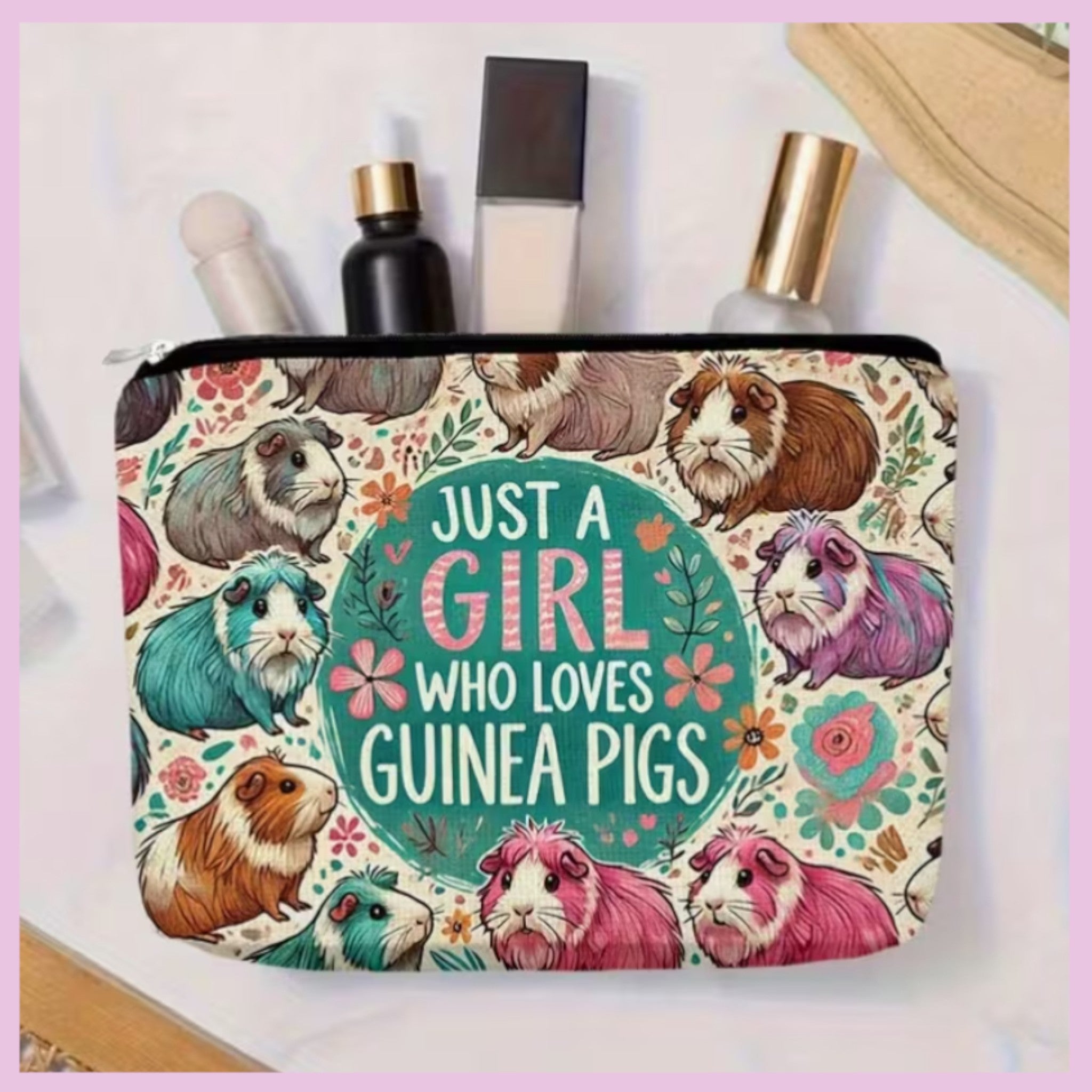 🎒 Kulturtasche „Just a Girl Who Loves Guinea Pigs – Nr. 5 Bunte Meeris“