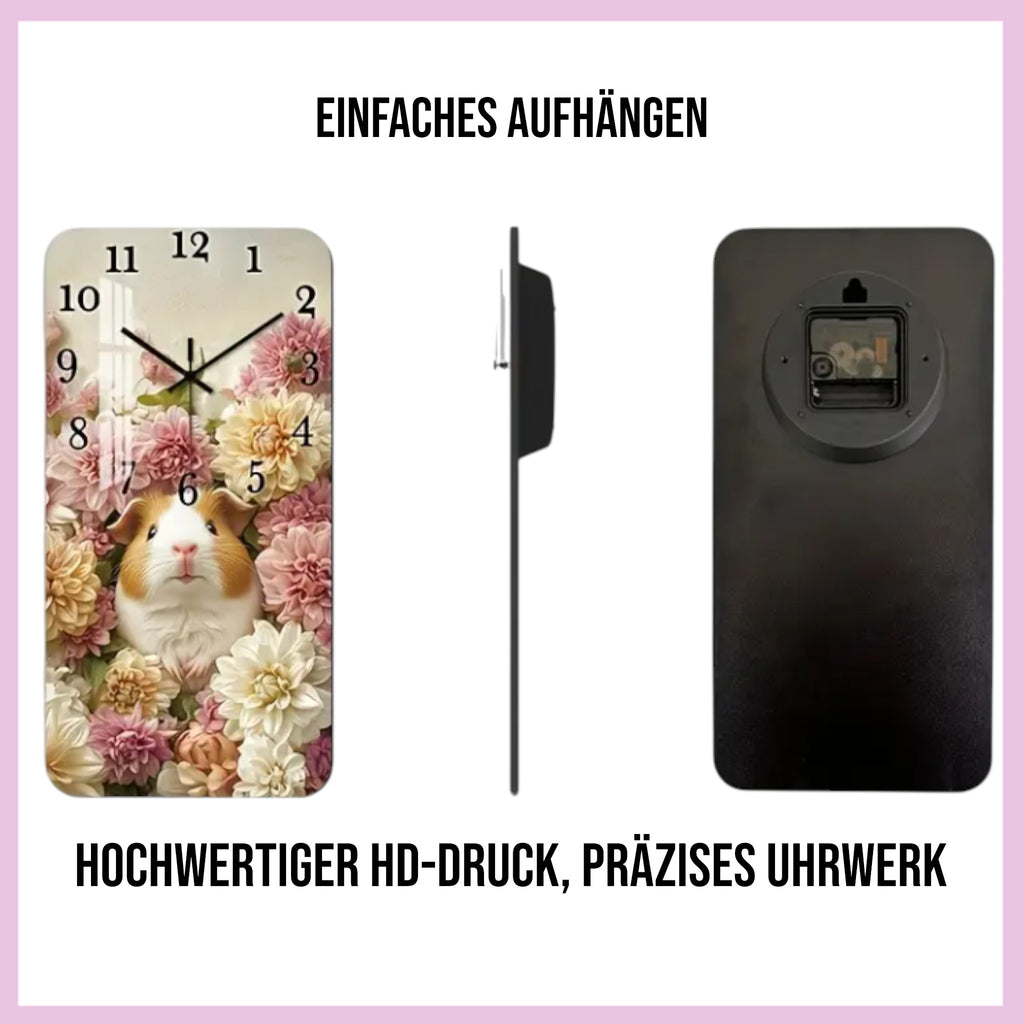 🕰️ Wanduhr „Blütentraum-Meeri“ – Meerschweinchen zwischen zarten Blumenköpfen