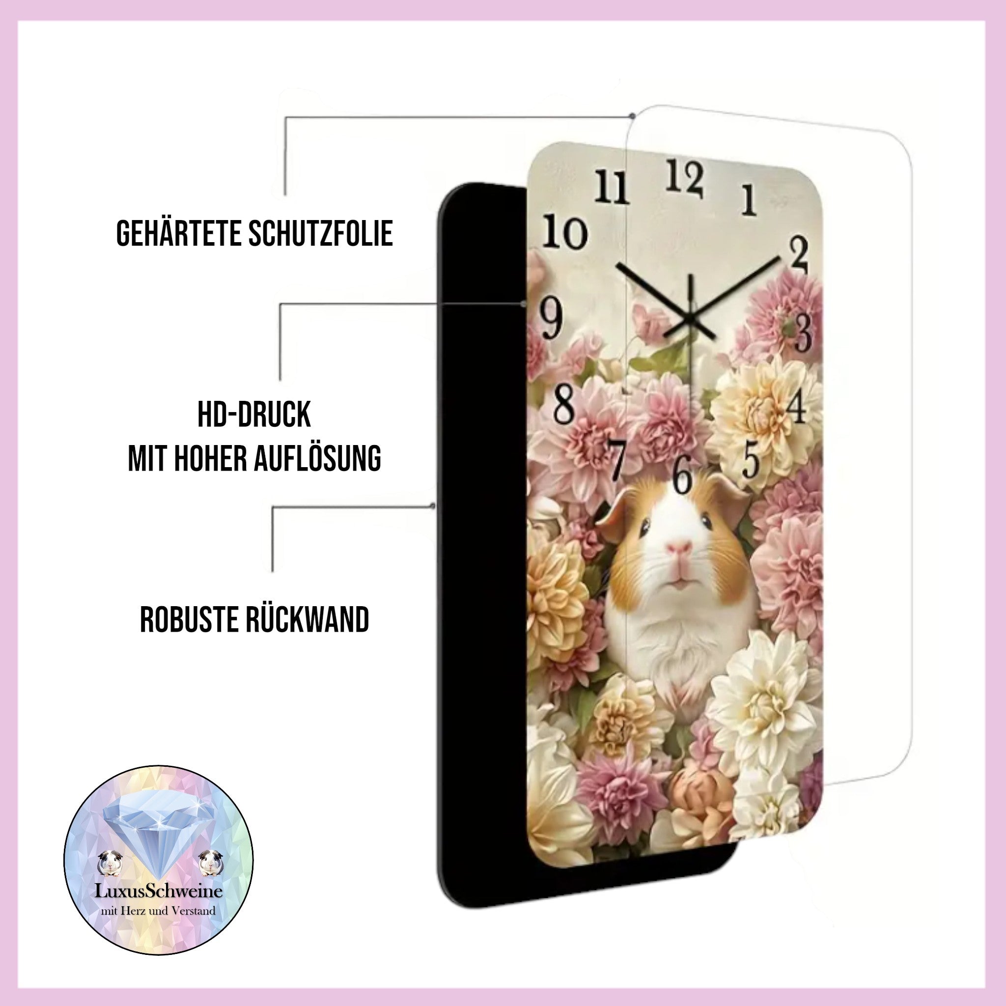 🕰️ Wanduhr „Blütentraum-Meeri“ – Meerschweinchen zwischen zarten Blumenköpfen