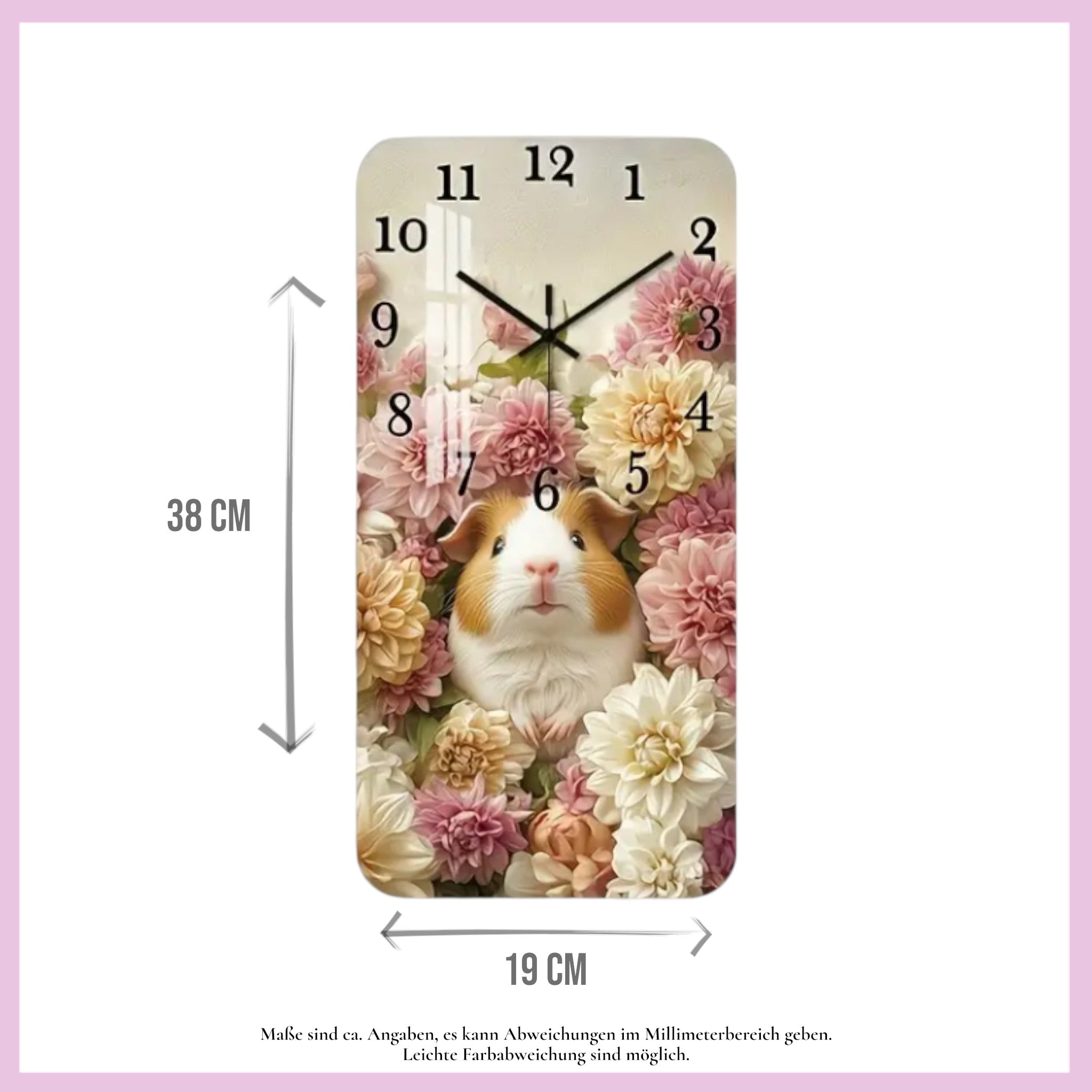 🕰️ Wanduhr „Blütentraum-Meeri“ – Meerschweinchen zwischen zarten Blumenköpfen