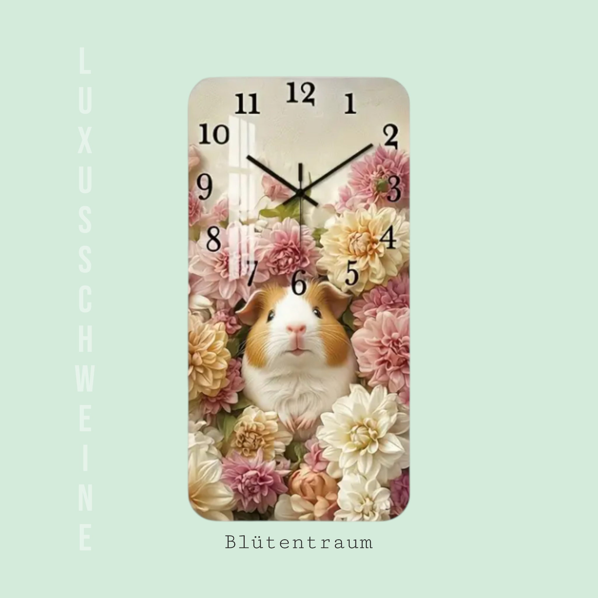 🕰️ Wanduhr „Blütentraum-Meeri“ – Meerschweinchen zwischen zarten Blumenköpfen