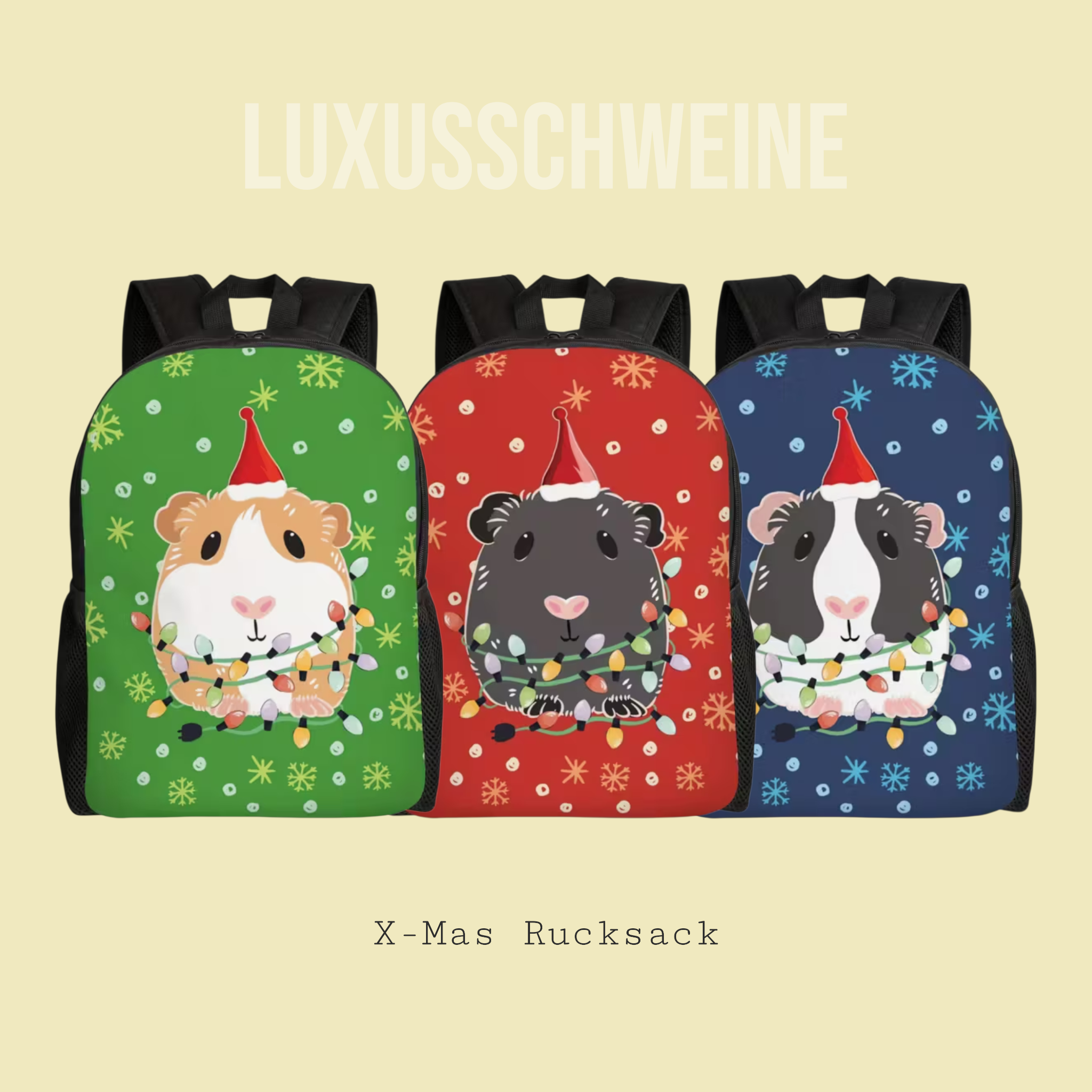 🎒 Xmas Rucksack – „Meeritraum“ – Weihnachtlicher Rucksack mit Meerschweinchen-Motiv